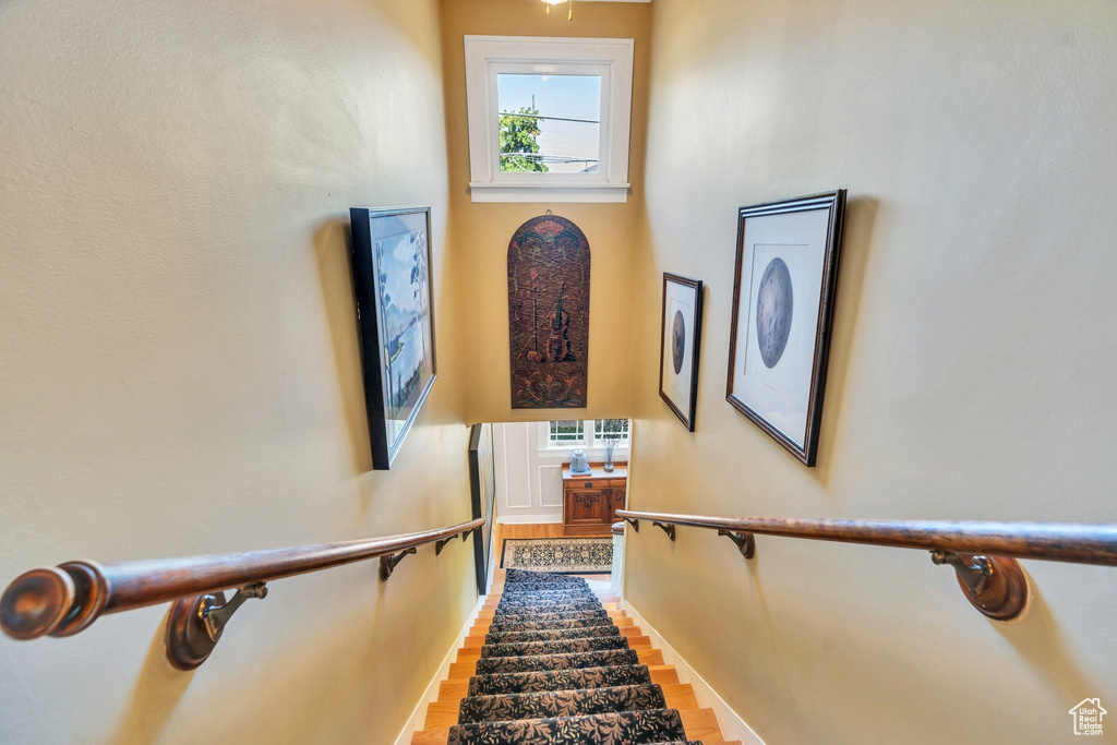 Staircase featuring wood finished floors