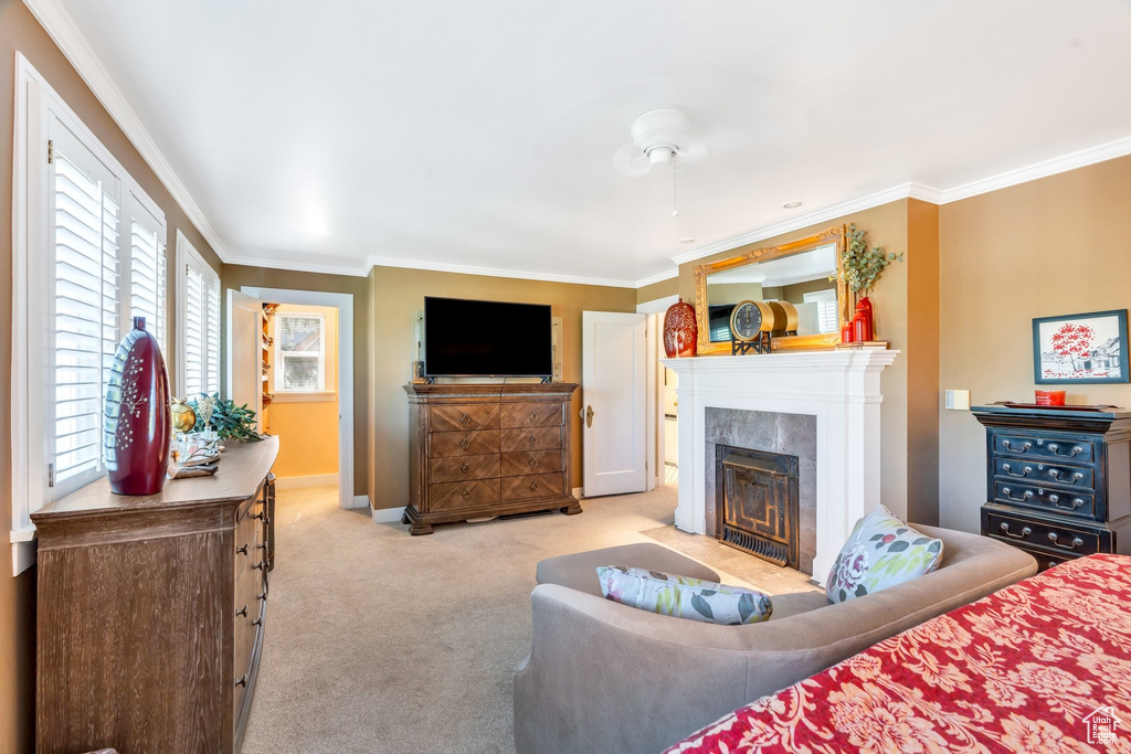 Living room with crown molding, carpet, and a fireplace with flush hearth