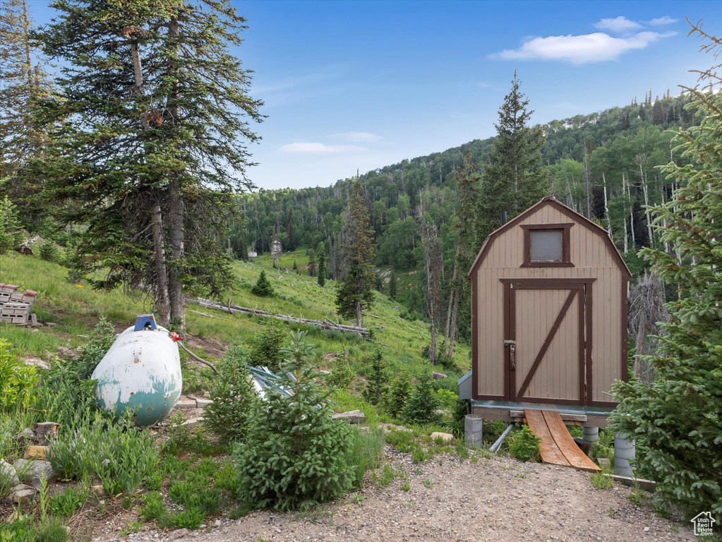 View of shed featuring a wooded view