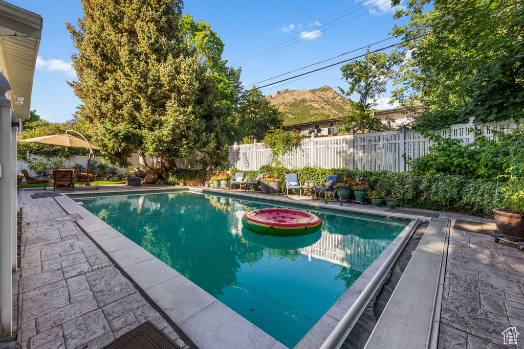 View of pool with a fenced backyard, a patio area, and a mountain view