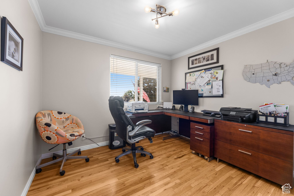 Home office featuring light wood-style flooring and ornamental molding
