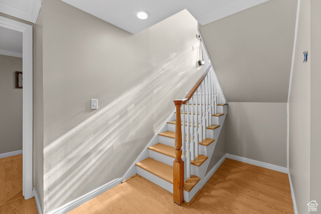 Stairway featuring wood finished floors and crown molding