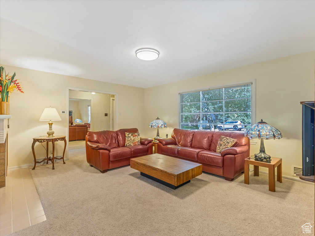 Living area with light carpet and baseboards