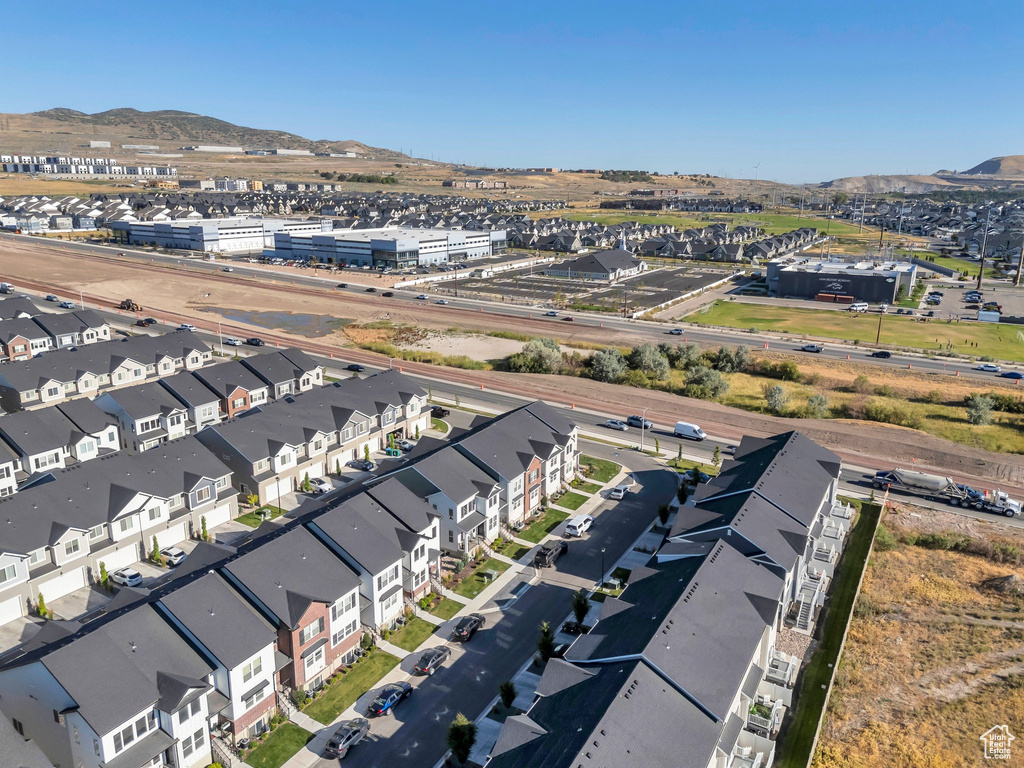 Aerial perspective of suburban area with mountains