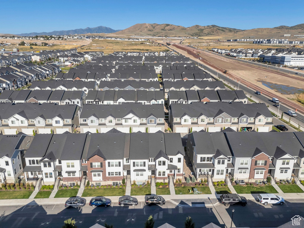 Aerial view of residential area with mountains