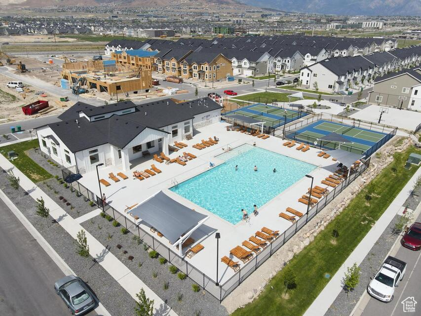 Aerial view of residential area with a pool
