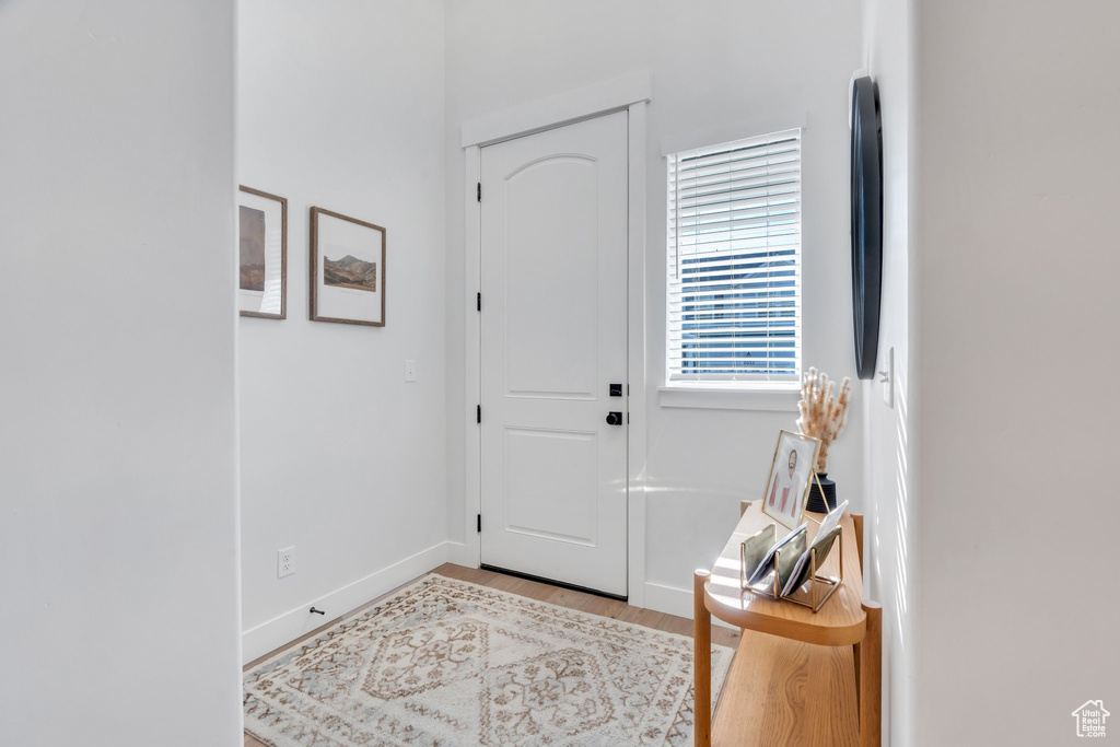 Entryway featuring wood finished floors and baseboards