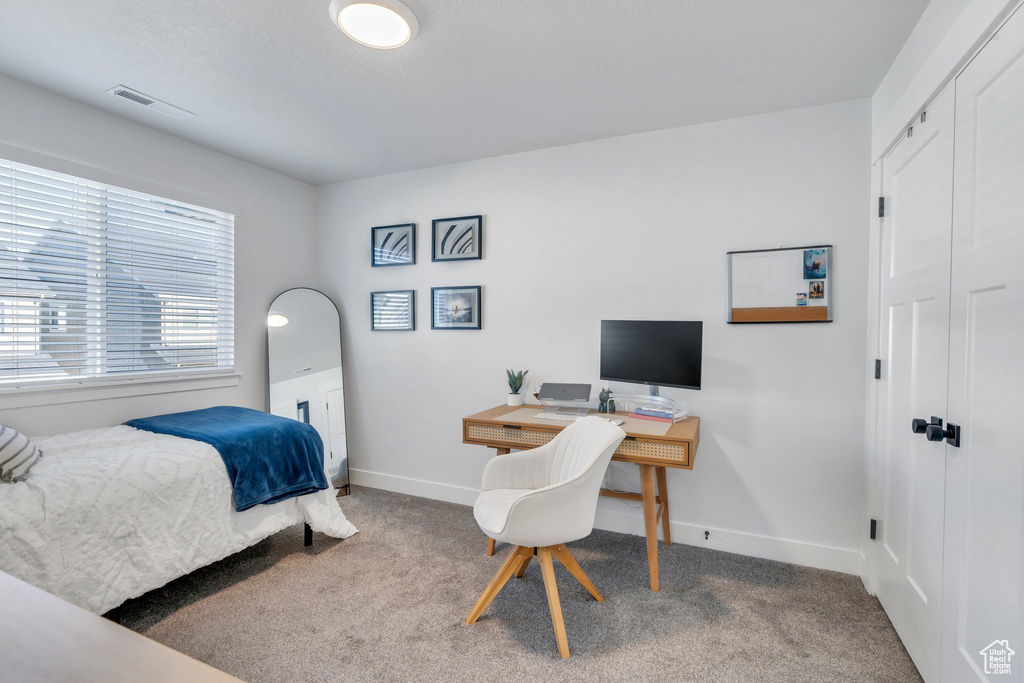Bedroom featuring carpet flooring, a closet, and a desk