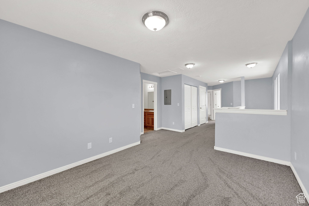 Carpeted spare room with baseboards and electric panel