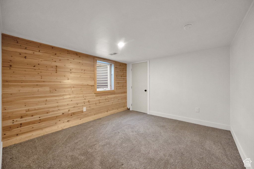 Spare room featuring wooden walls and carpet floors