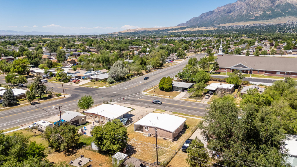 Aerial view of residential area with a mountain backdrop