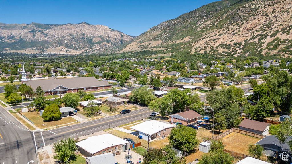 Aerial perspective of suburban area with mountains