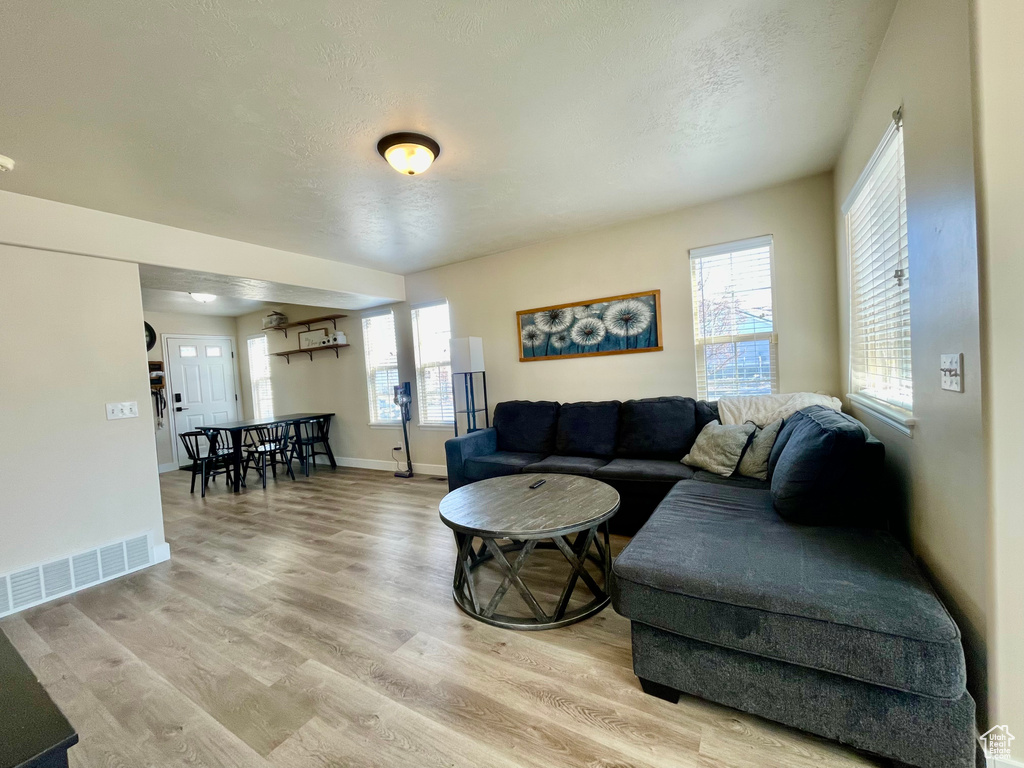Living room with light wood-style flooring