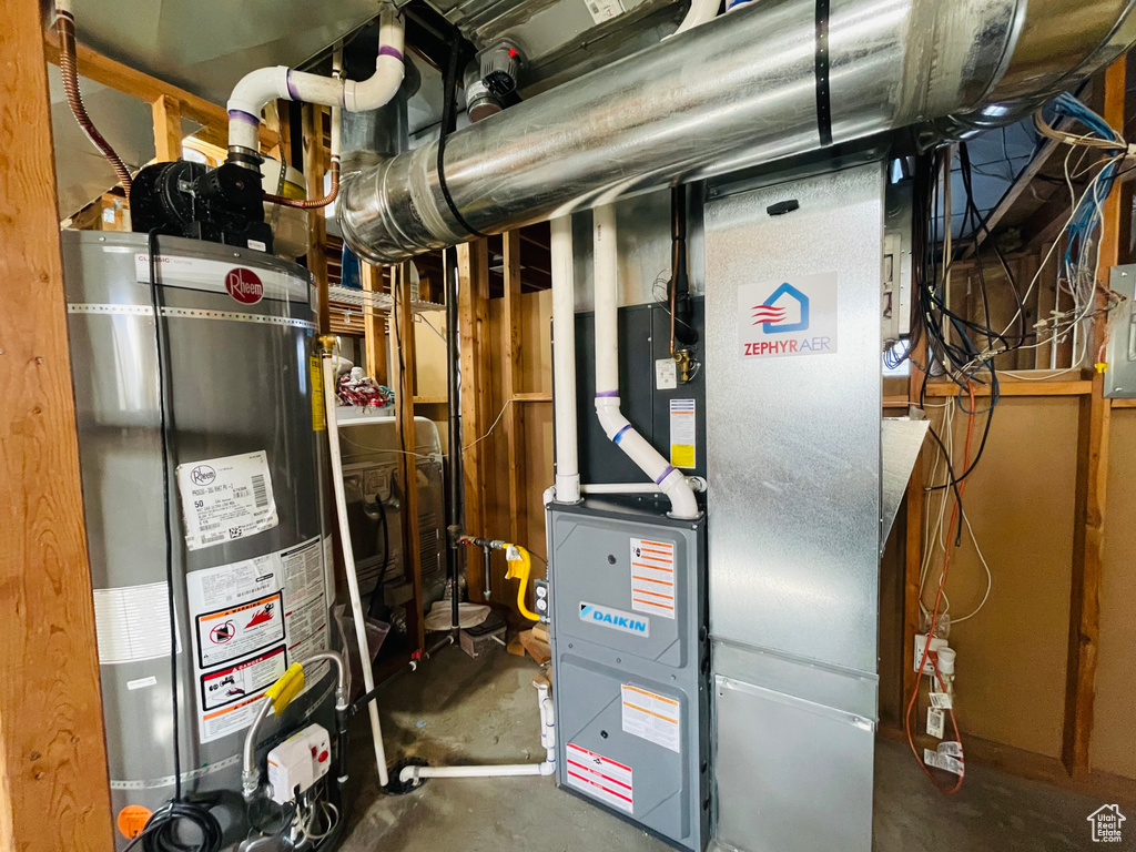 Utility room featuring secured water heater
