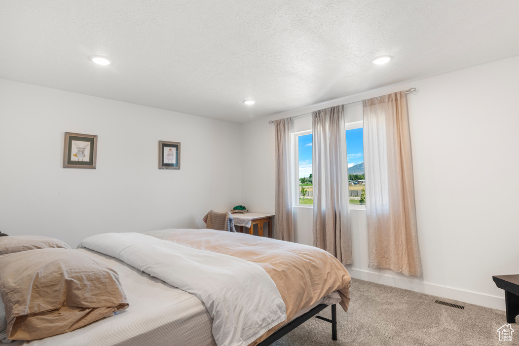 Carpeted bedroom with recessed lighting