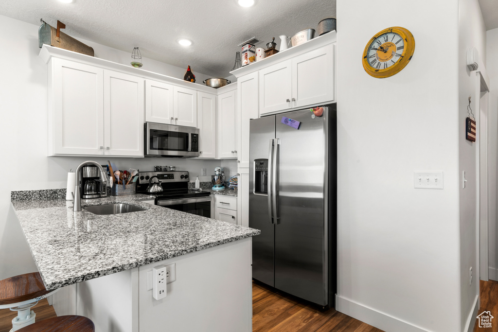 Kitchen featuring appliances with stainless steel finishes, a peninsula, a kitchen breakfast bar, dark wood-style flooring, and white cabinetry