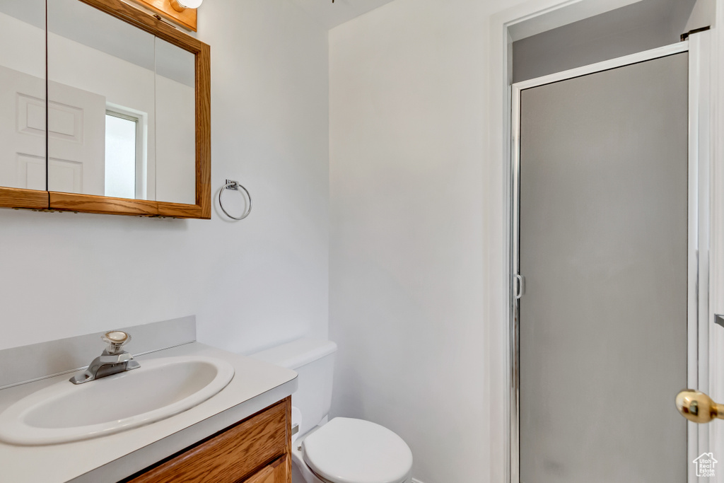 Bathroom featuring a stall shower and vanity