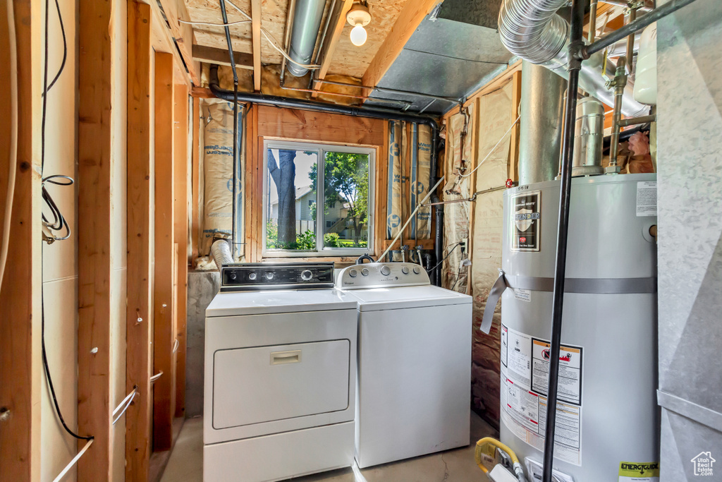 Laundry room with water heater and separate washer and dryer
