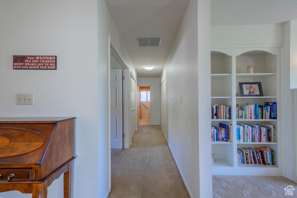 Hall featuring carpet flooring and built in features