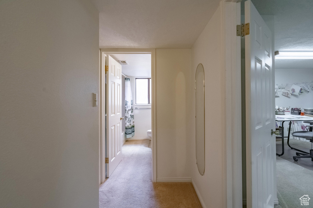 Corridor featuring light colored carpet