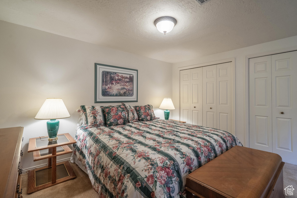Bedroom featuring carpet, multiple closets, and a textured ceiling
