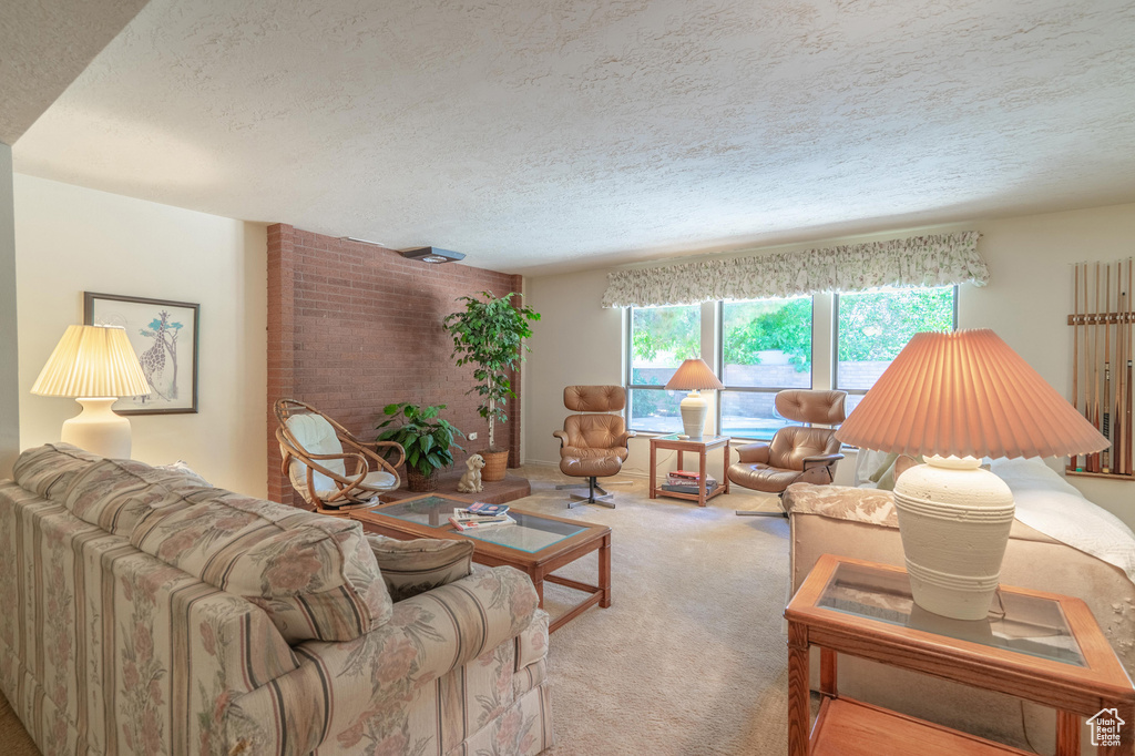 Living area featuring a textured ceiling and carpet flooring