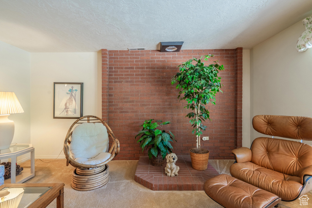 Living area with carpet flooring, a textured ceiling, and brick wall