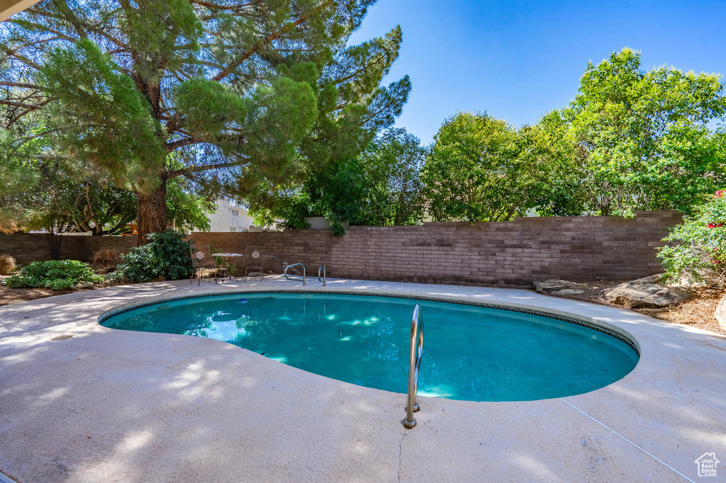 View of swimming pool featuring a fenced backyard and a patio area