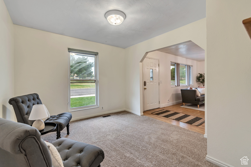 Sitting room with carpet flooring and arched walkways