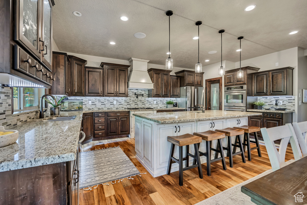 Kitchen with premium range hood, appliances with stainless steel finishes, a center island with sink, tasteful backsplash, and dark brown cabinets