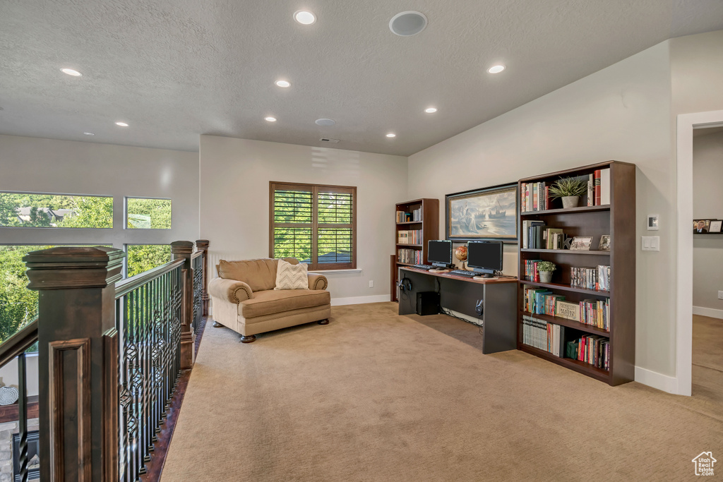 Sitting room featuring carpet flooring, recessed lighting, a textured ceiling, an upstairs landing, and an office area