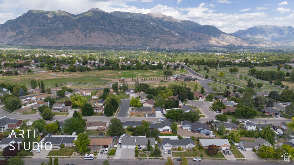 Aerial view of residential area with mountains