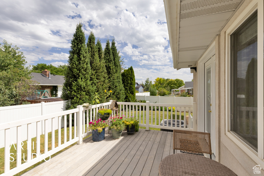 Wooden deck featuring a fenced backyard