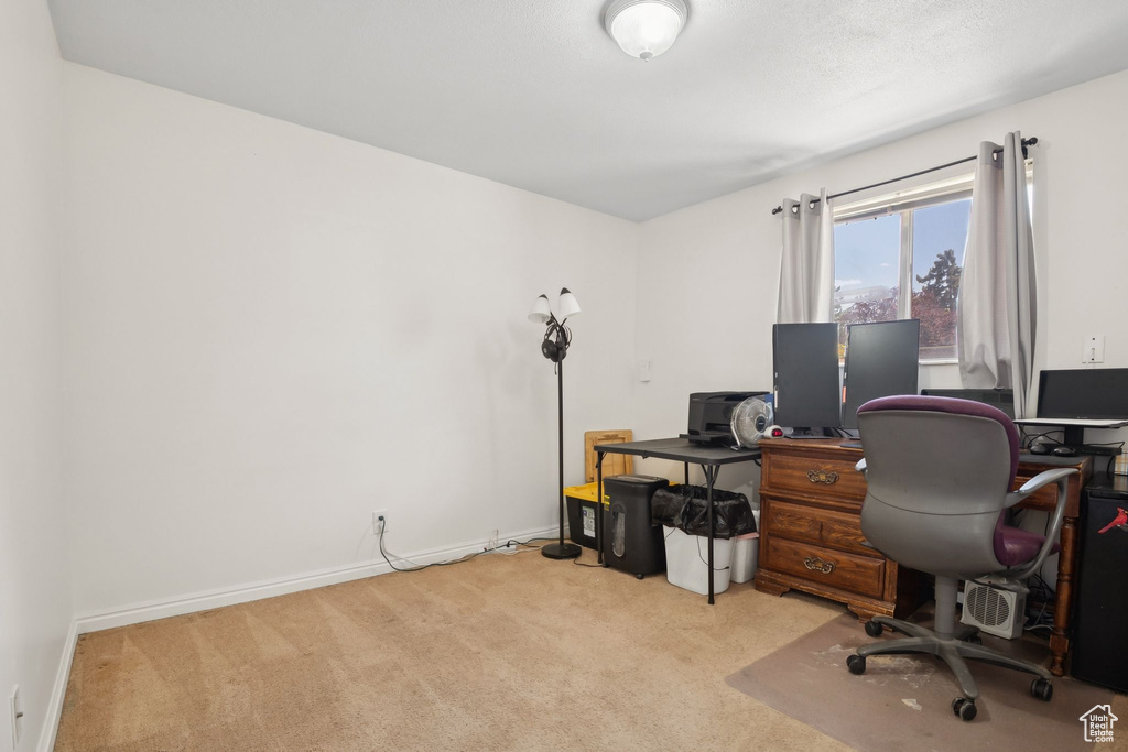 Carpeted office space featuring baseboards