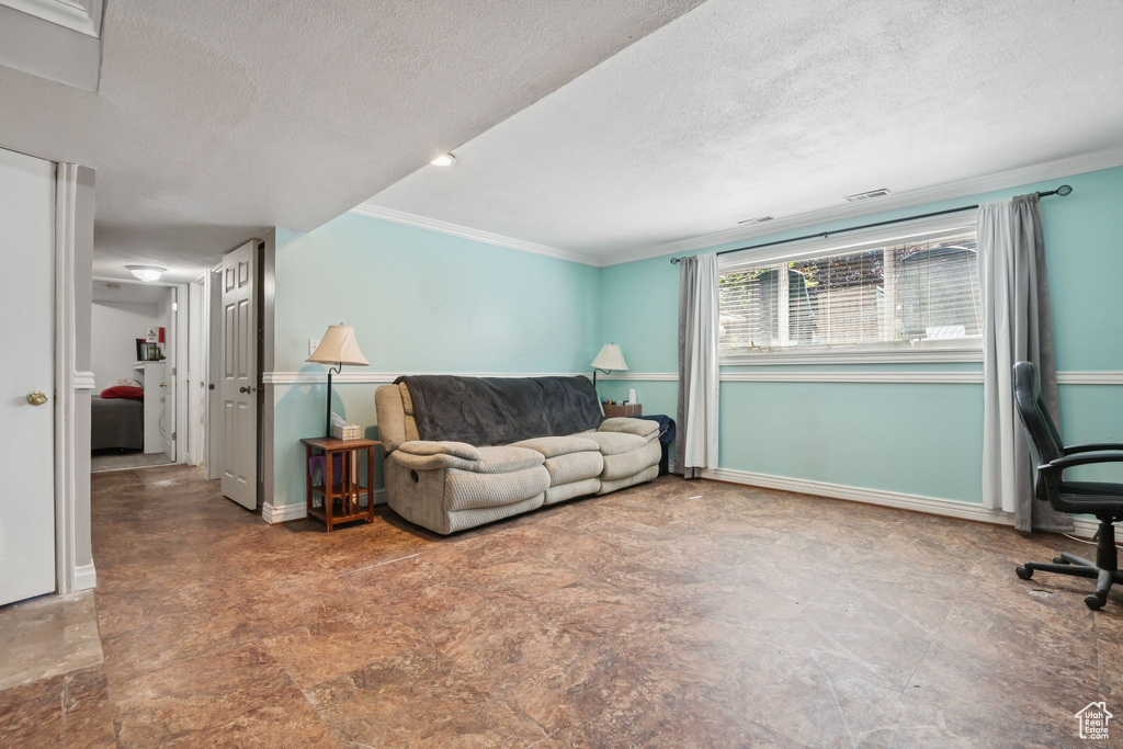 Living area featuring ornamental molding and a textured ceiling