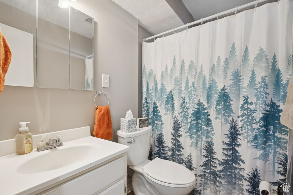 Full bath featuring vanity and a shower with shower curtain