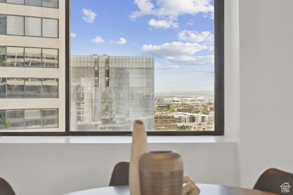 Dining space featuring a city view