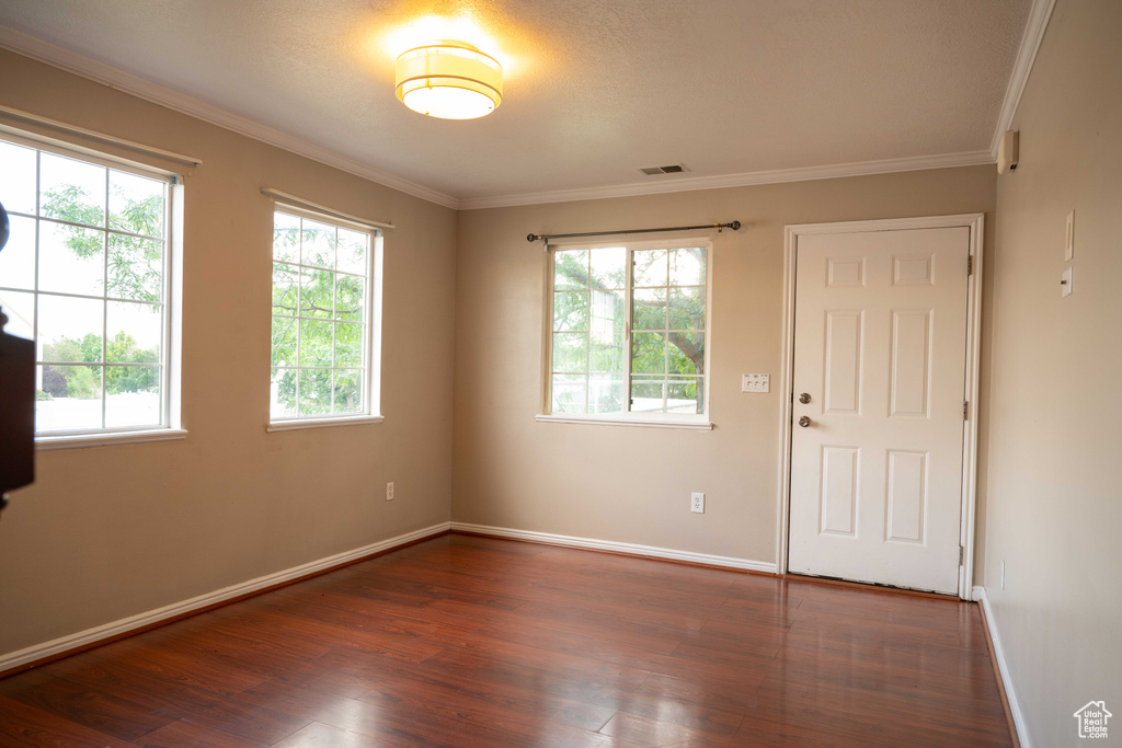 Spare room featuring plenty of natural light, dark wood-style floors, and ornamental molding