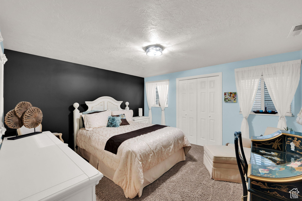 Bedroom featuring carpet floors, a textured ceiling, and a closet