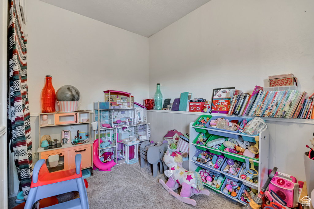Playroom with carpet flooring and a wainscoted wall