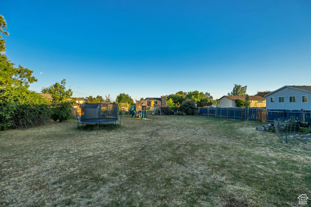 Fenced backyard with a trampoline and a playground