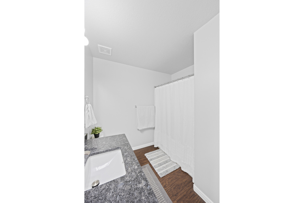 Full bath featuring wood finished floors, vanity, and a shower with curtain