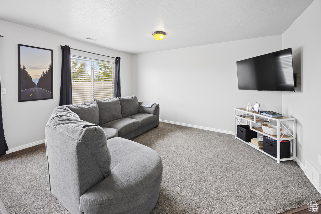 Carpeted living area featuring baseboards