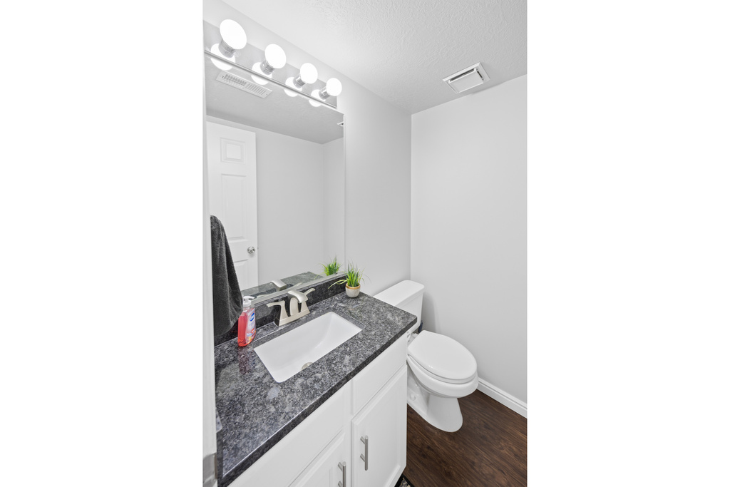 Half bath featuring vanity, wood finished floors, and a textured ceiling