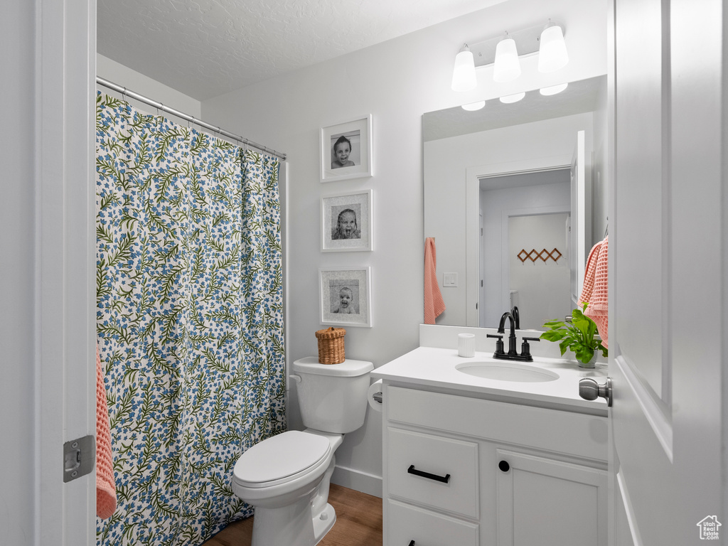 Bathroom featuring vanity, a shower with curtain, wood finished floors, and a textured ceiling