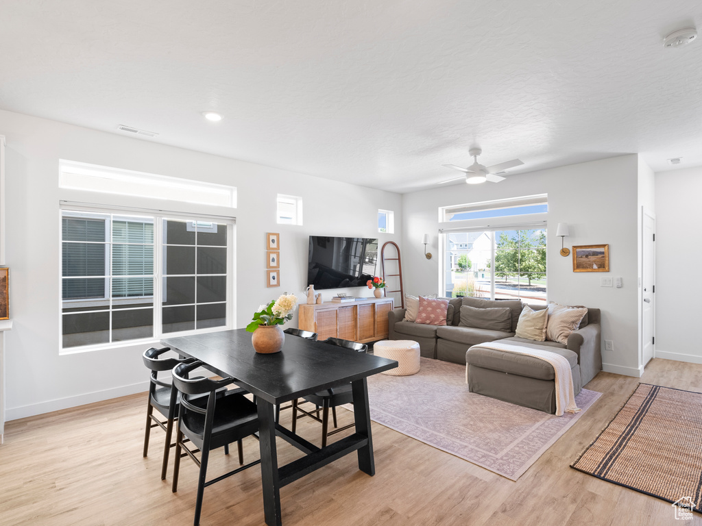 Living room with light wood-type flooring and ceiling fan
