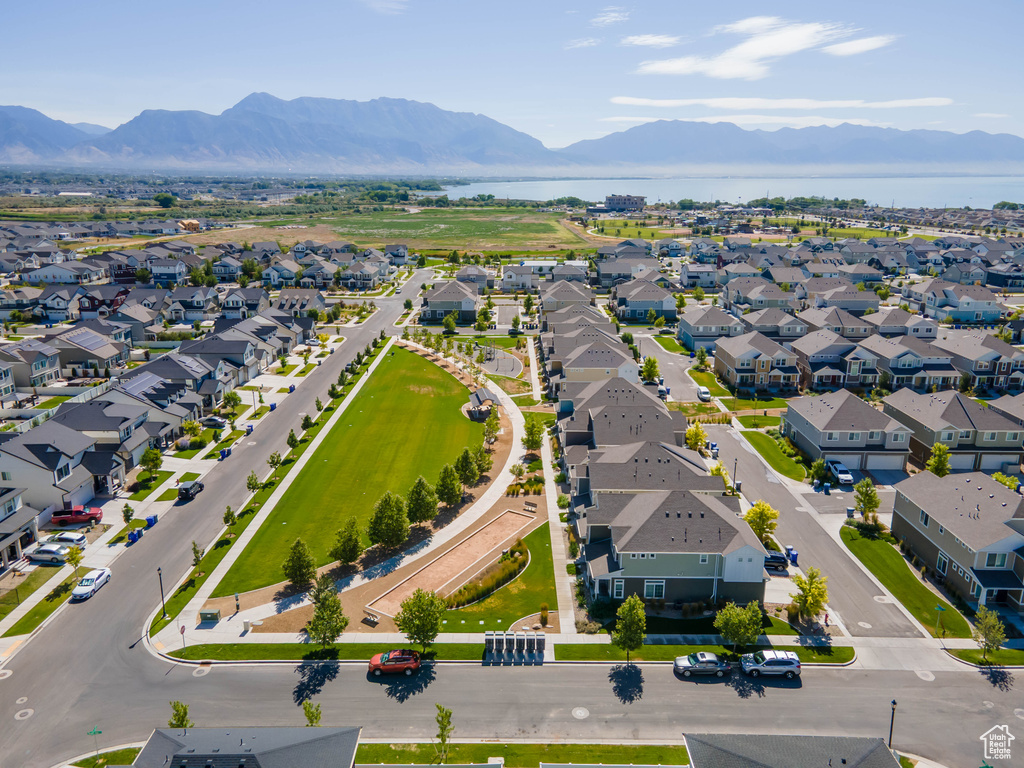 Aerial view of residential area with a water and mountain view