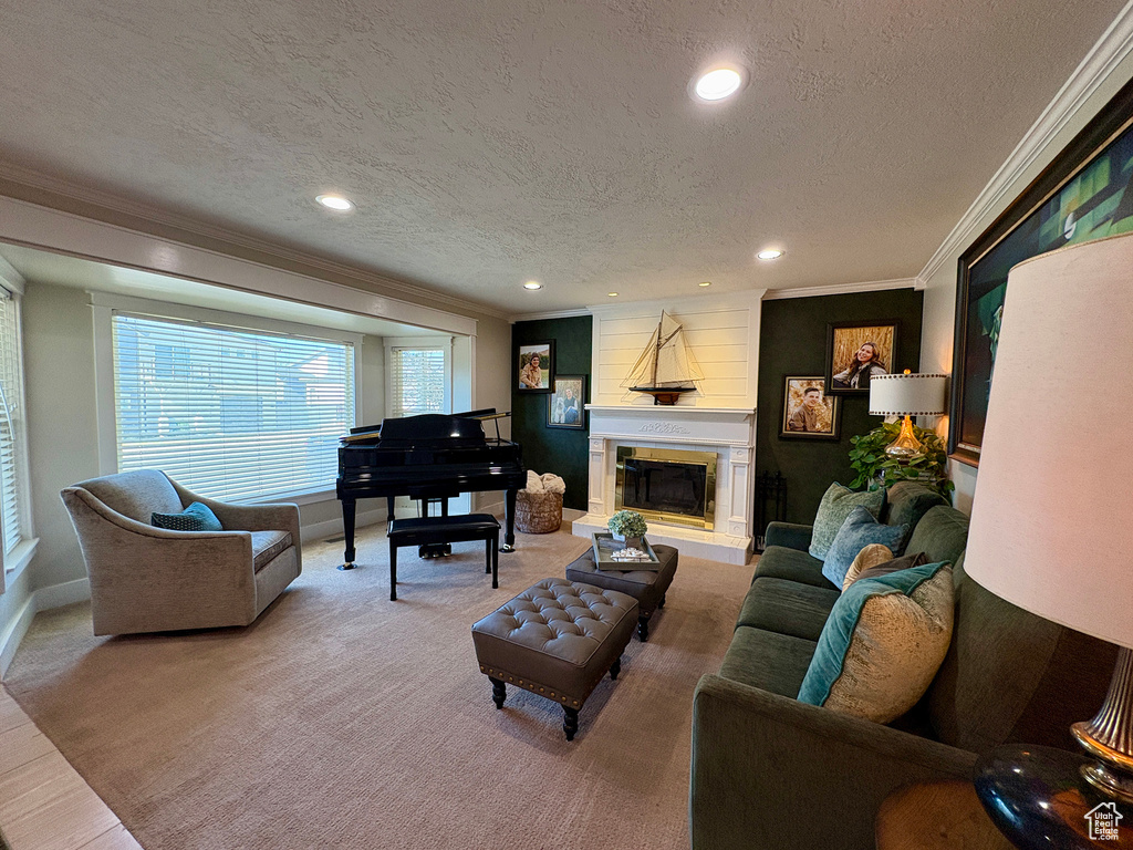 Carpeted living area with crown molding, a textured ceiling, recessed lighting, and a fireplace