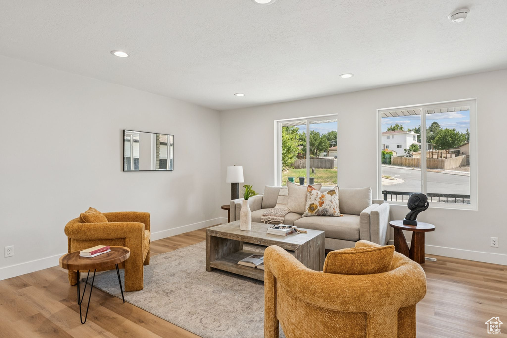 Living area with light wood-type flooring and recessed lighting