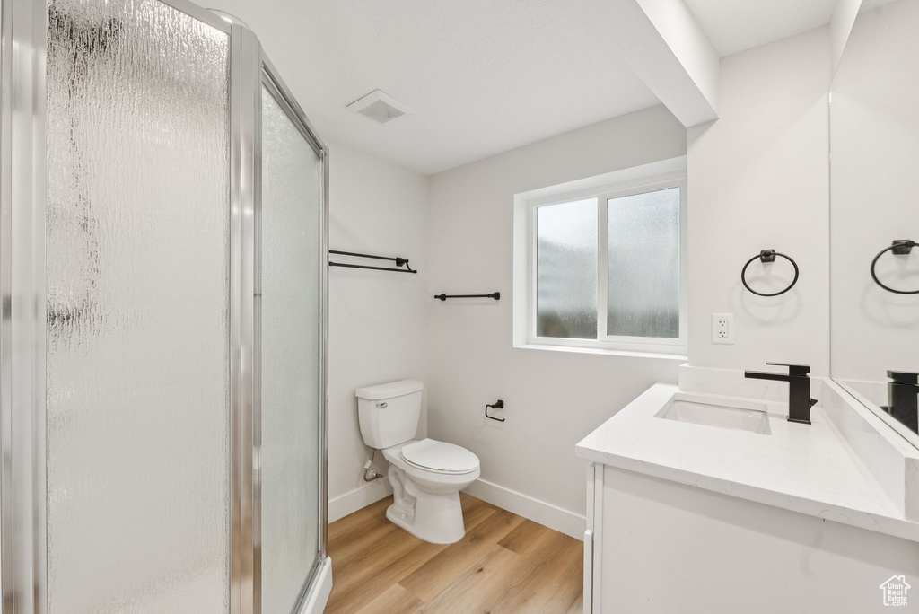 Bathroom with vanity, a stall shower, and wood finished floors